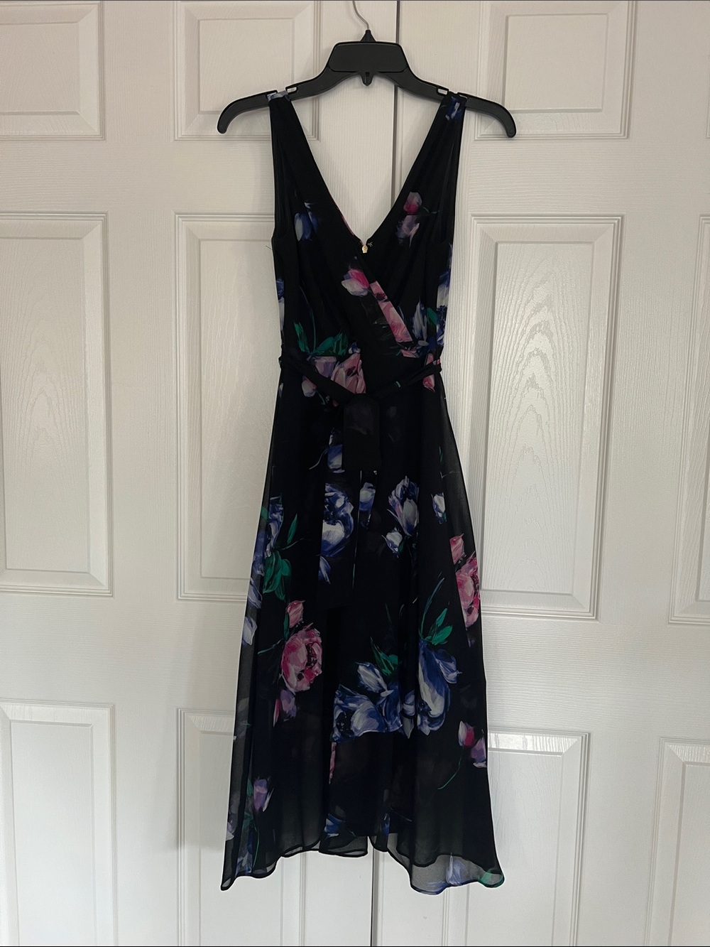 Dkny Black Midi Dress with Pink & Blue Floral Accents Faux-Wrap Bodice